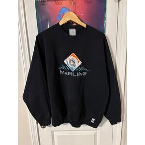 Vintage 90s Florida Marlins Embroidered Black Crewneck Sweatshirt Mens XL